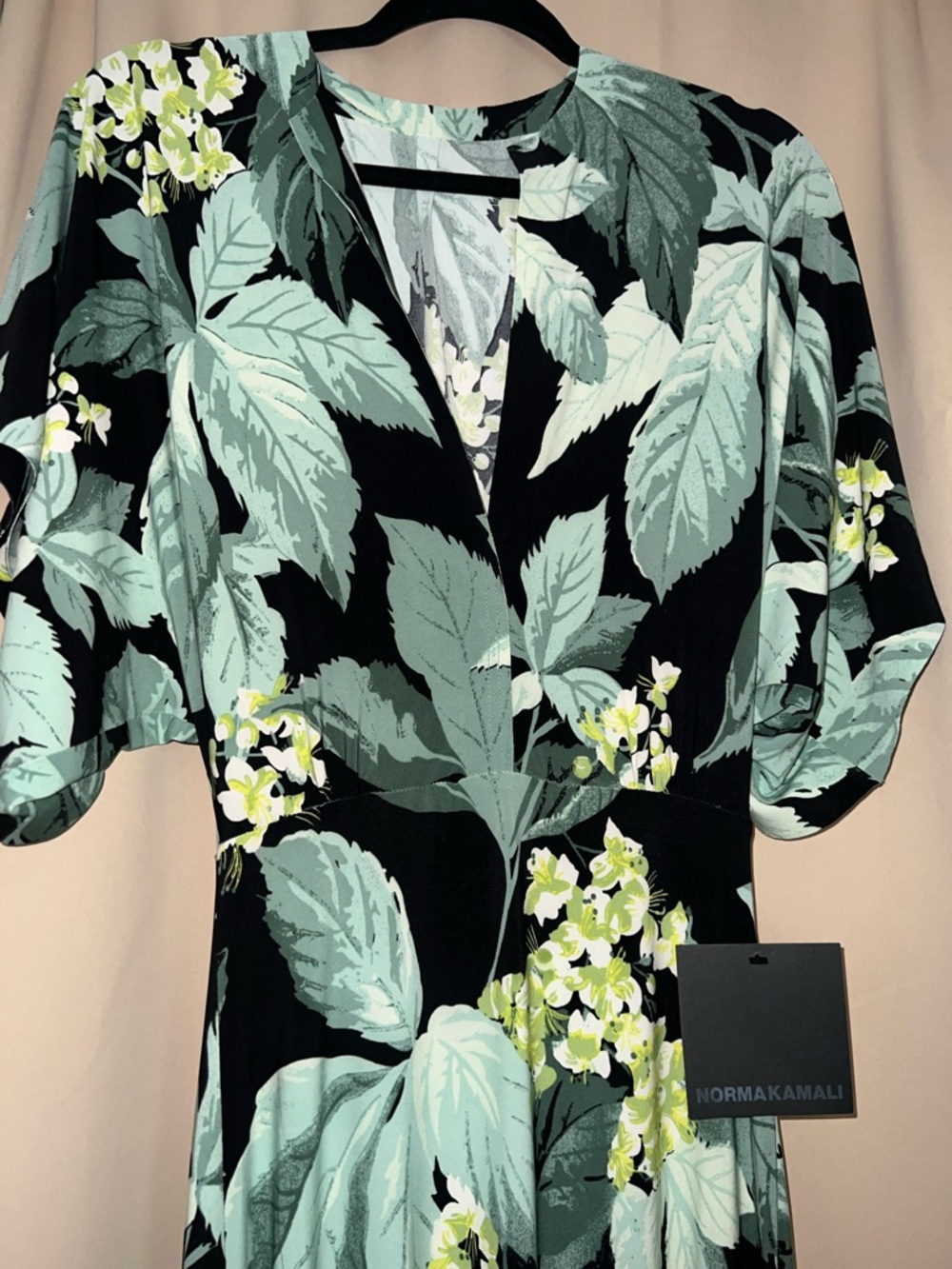 Norma Kamali Black Maxi Dress with Mint and Yellow Leaf Print - Picture 3 of 6